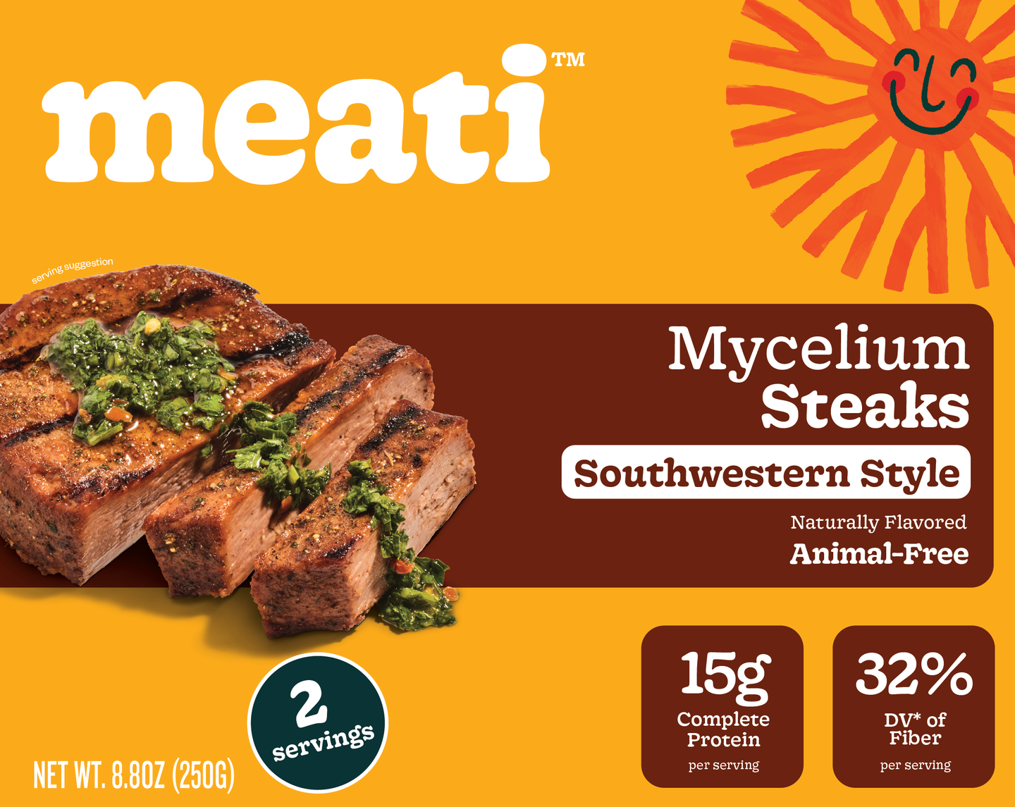 meati Mycelium Steak Southwestern Style sclied with green garnish on top